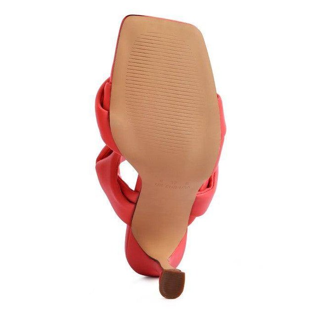 Sole view of black heeled summer sandals with a stylish design for women