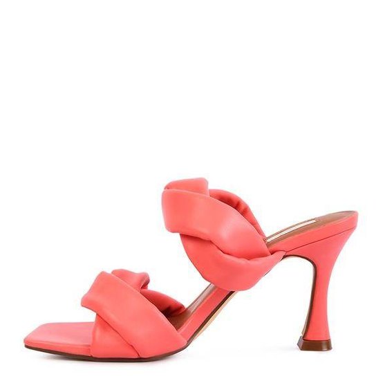 Stylish coral women's heeled summer sandals with a twisted strap design from Rag Company