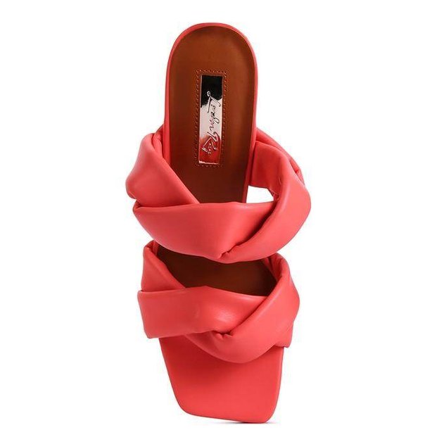 Stylish coral women's heeled summer sandals with a twist design for chic summer outfits