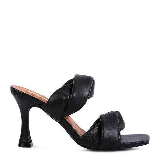 Rag Company black heeled summer sandals with a stylish twisted strap design and a comfortable heel