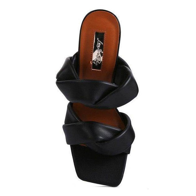 Stylish black heeled summer sandals with trendy twisted design for fashionable women