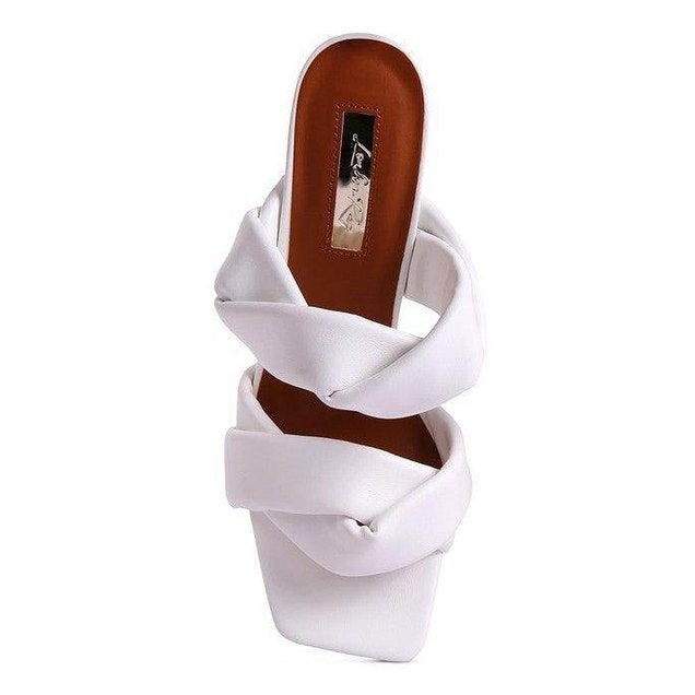 Stylish white heeled summer sandals with a unique wrap design for a modern look