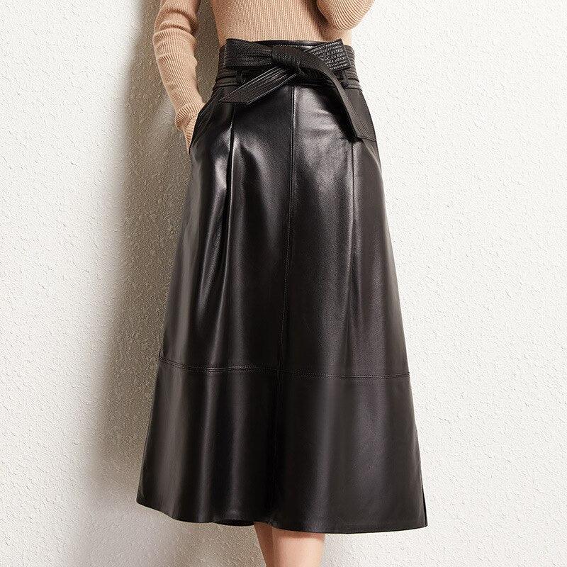 Women's Skirts Black High-Waist Thin A-line Genuine Leather Skirt w Belt
