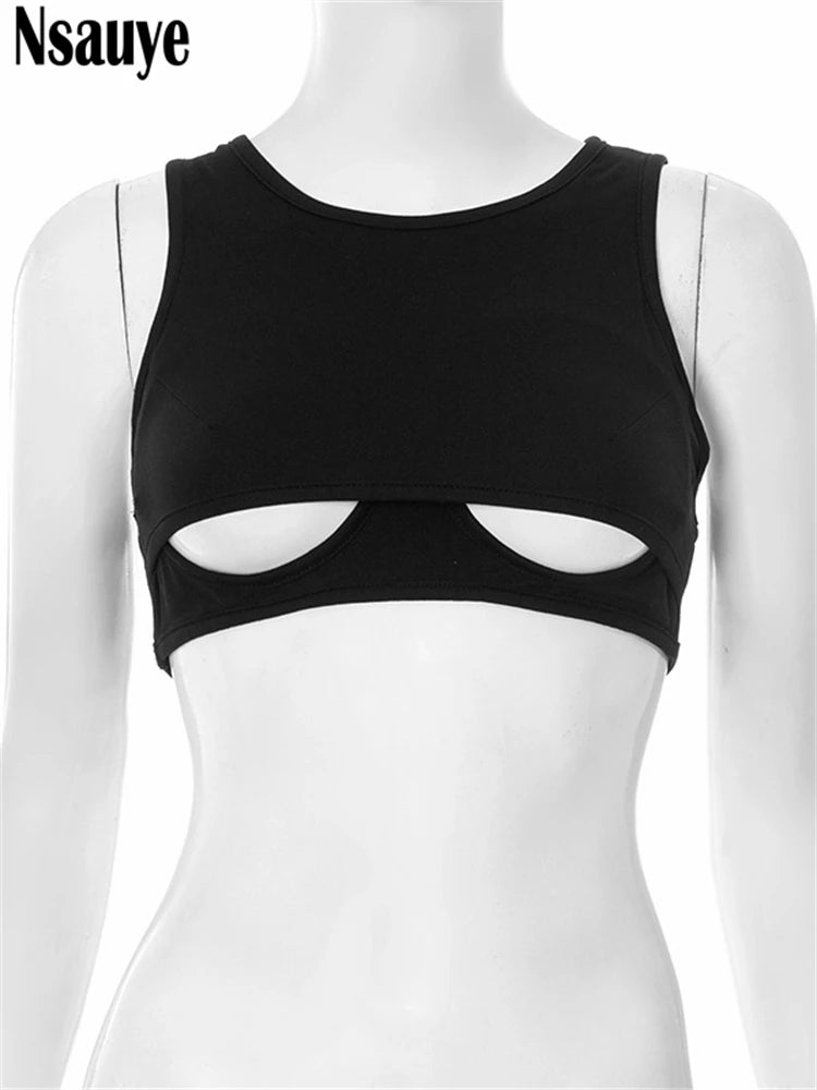 Black hollow out crop top with sleeveless design and round neckline on mannequin
