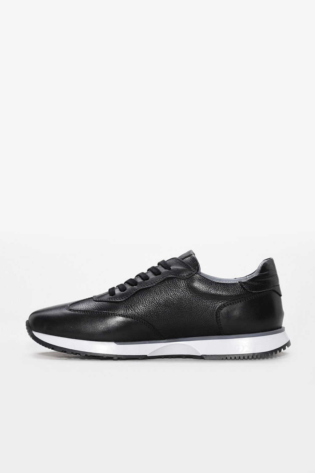 Black Leather Retro Runner Sneakers with White Sole – front view