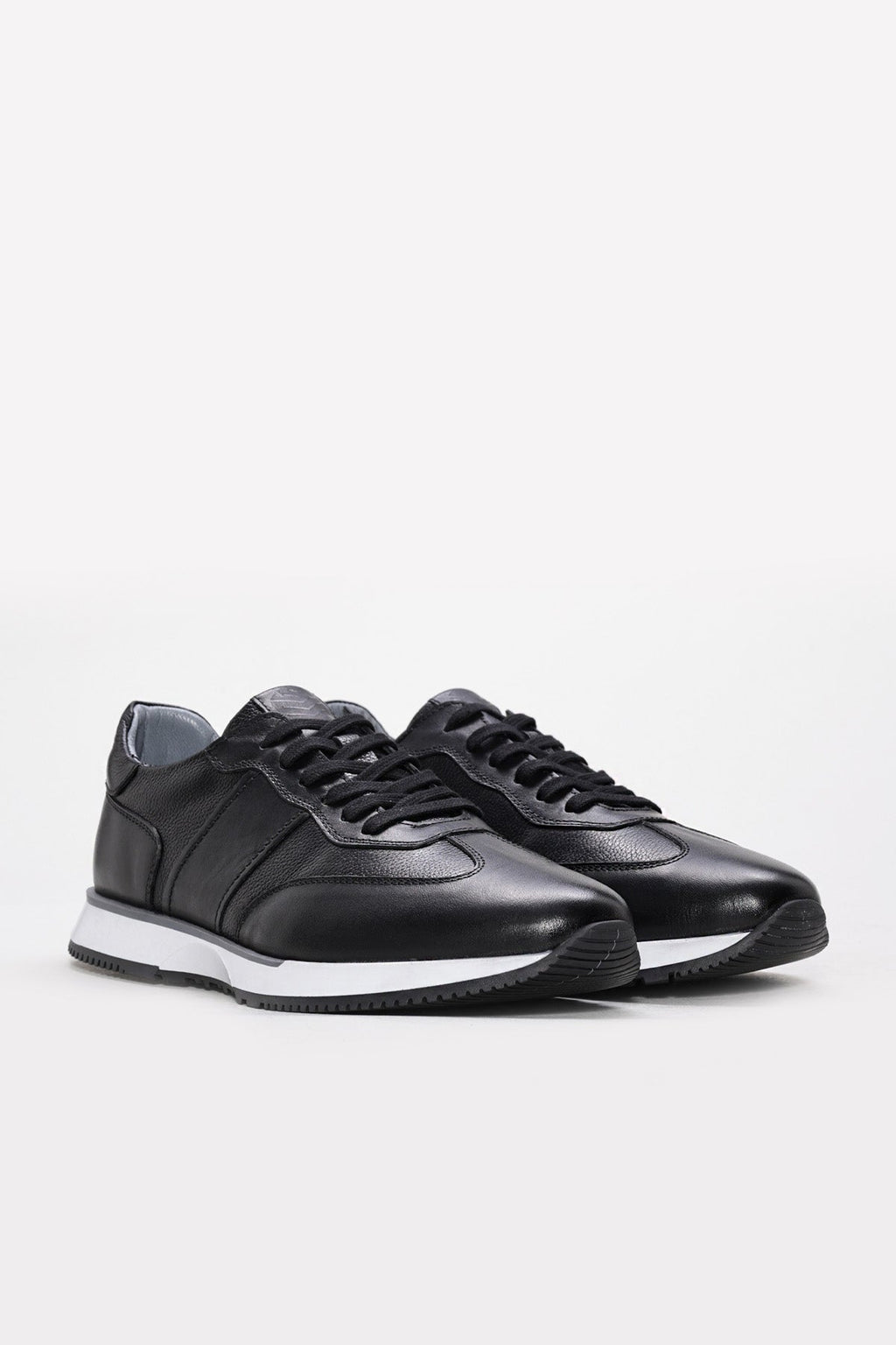Black Leather Retro Runner Sneakers with White Sole – side view