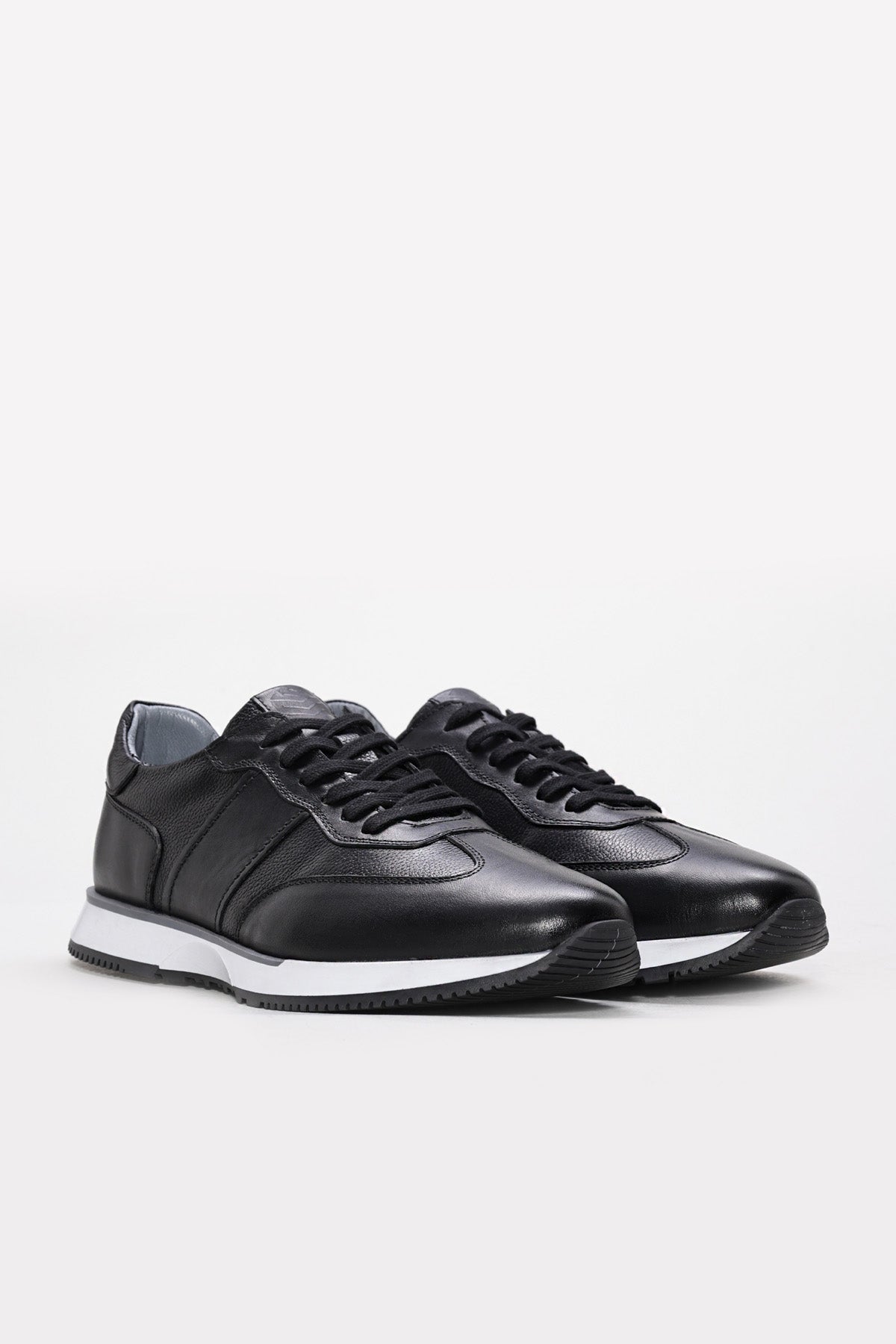 Black Leather Retro Runner Sneakers with White Sole – side view