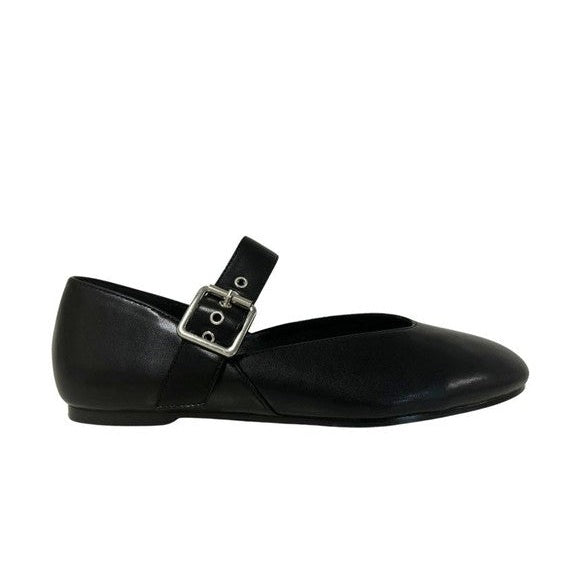 Maker's Shoes women's black flats with buckle strap resembling silver mary jane flats style