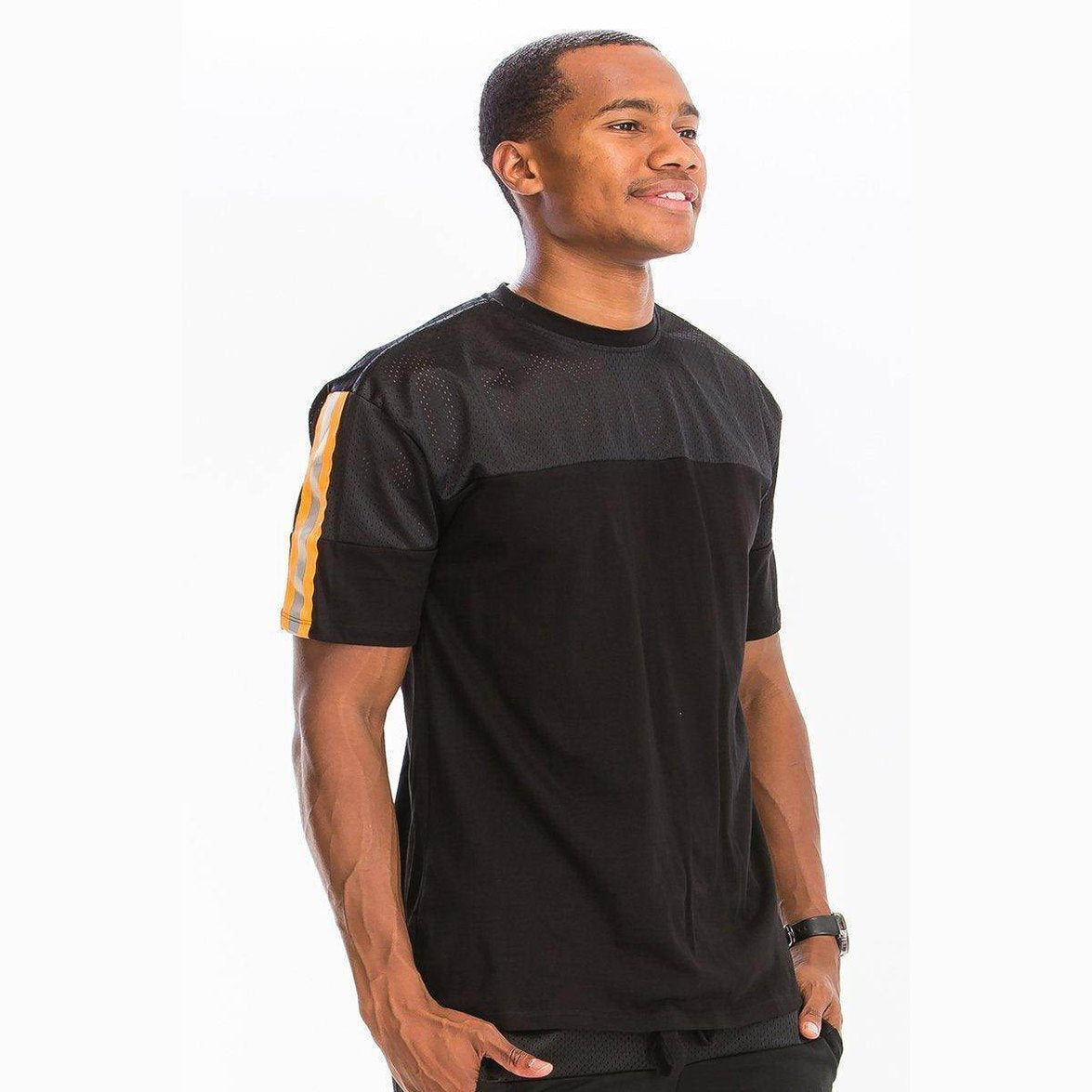 Men's black mesh reflective shirt from VacationGrabs with stylish orange stripes on sleeves