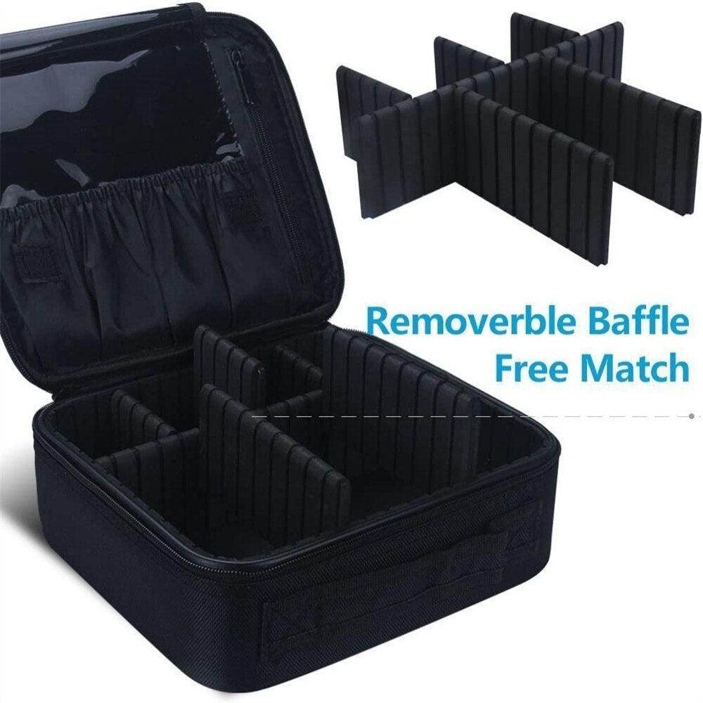 Portable makeup bag for trips with adjustable dividers for organized storage of toiletries