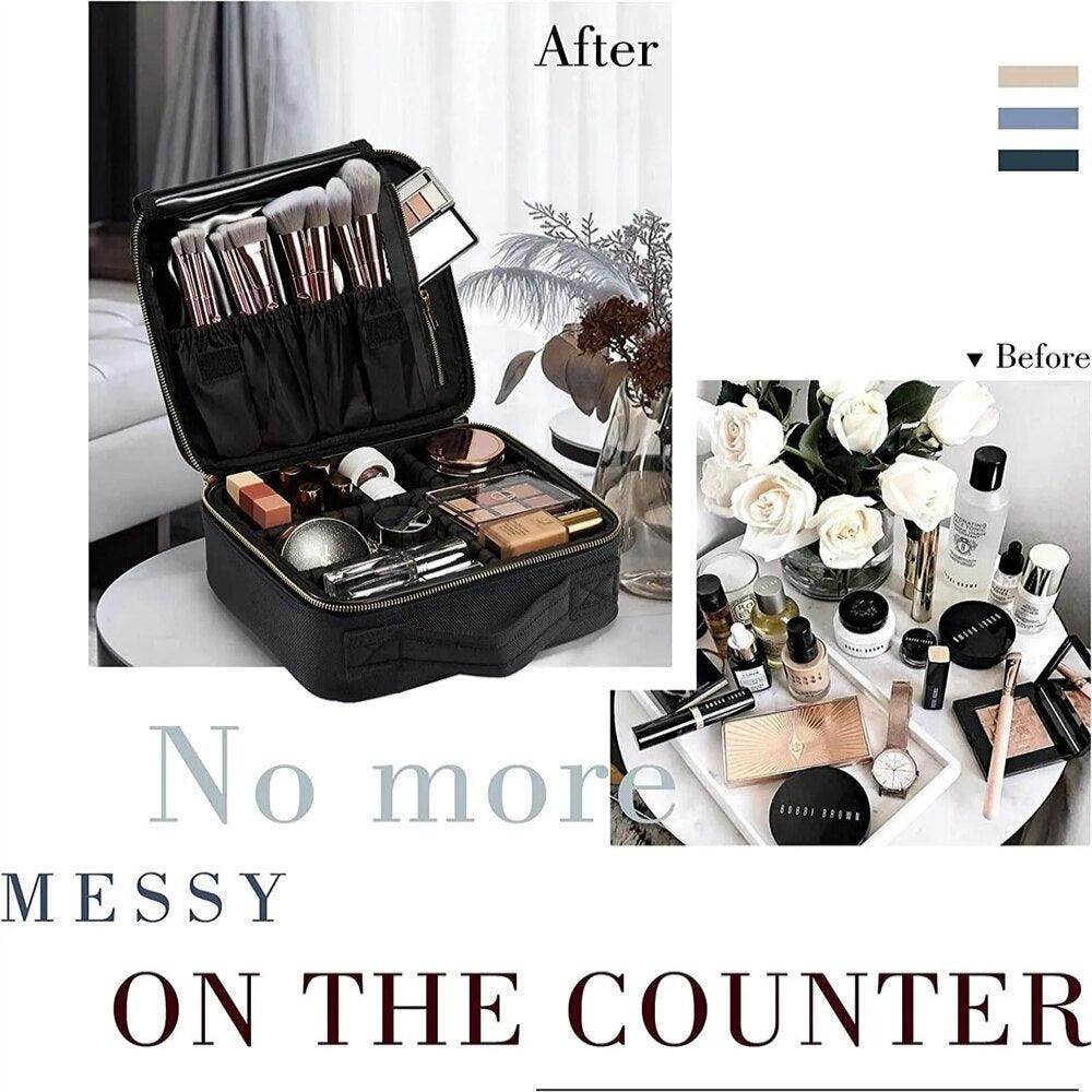 Portable makeup bag for trips organized with brushes and cosmetics on a stylish counter