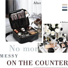 Portable makeup bag for trips organized with brushes and cosmetics on a stylish counter