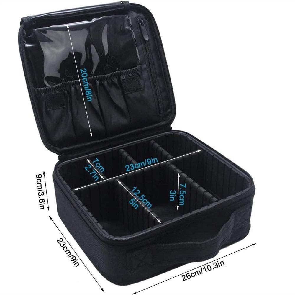 Black portable makeup bag for trips with adjustable compartments and clear top for easy access