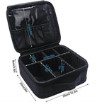 Black portable makeup bag for trips with adjustable compartments and clear top for easy access