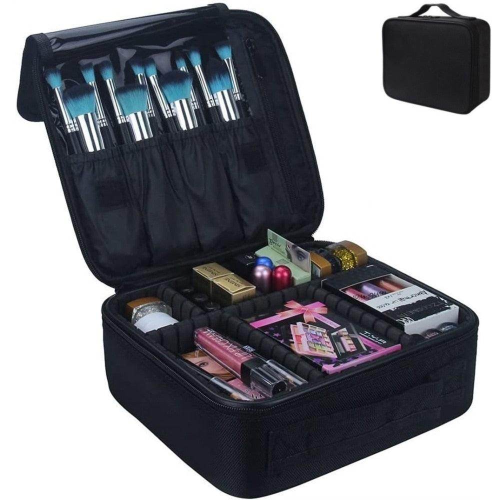Black portable makeup bag for trips with organized compartments and brushes for travel convenience