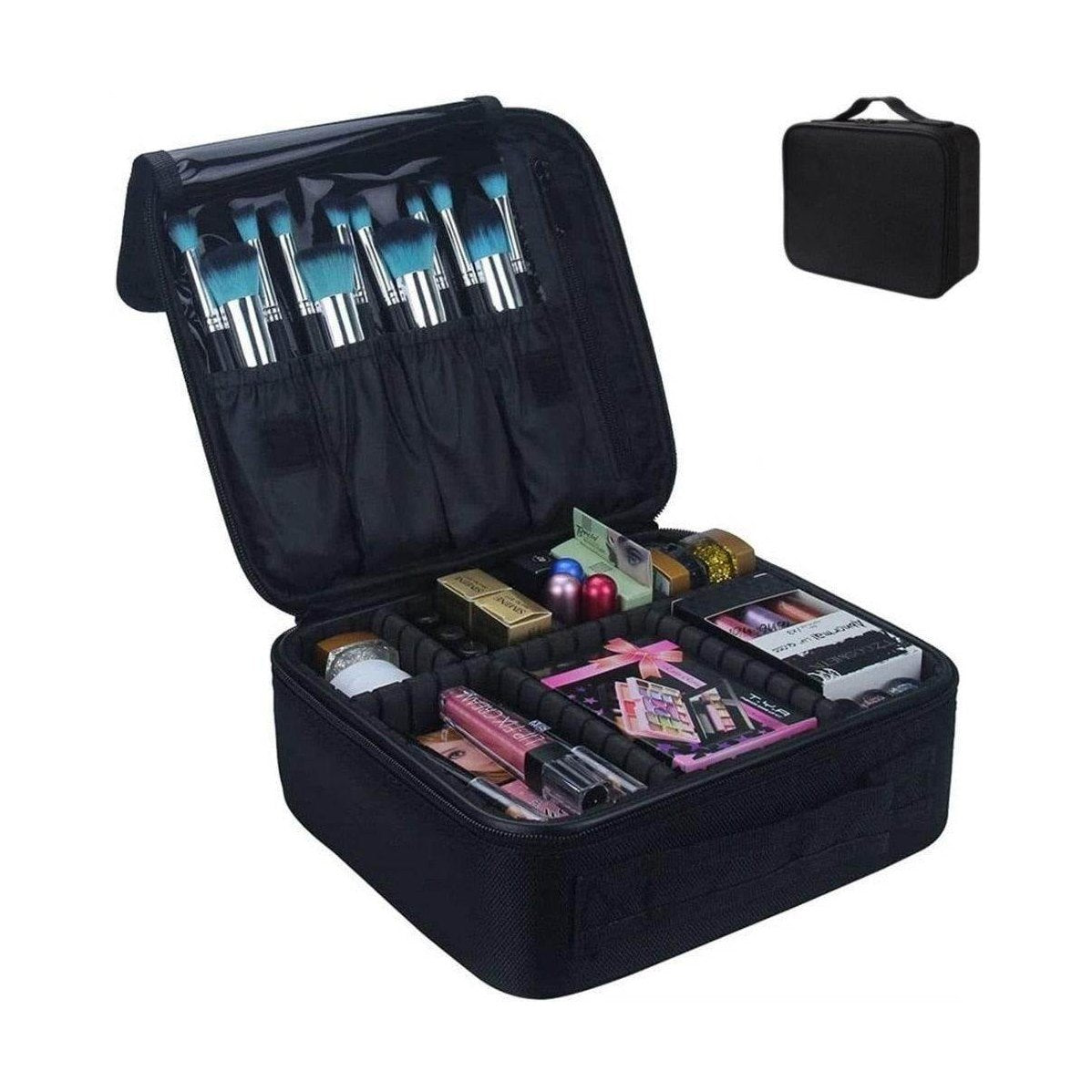 Black portable makeup bag for trips with organized compartments and brushes for travel convenience