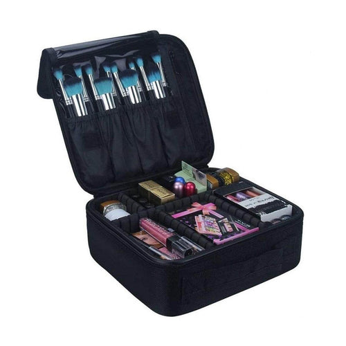 Black portable makeup bag for trips with organized compartments and brushes for travel convenience
