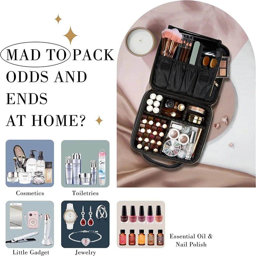 Portable makeup bag for trips featuring organized compartments for cosmetics and toiletries