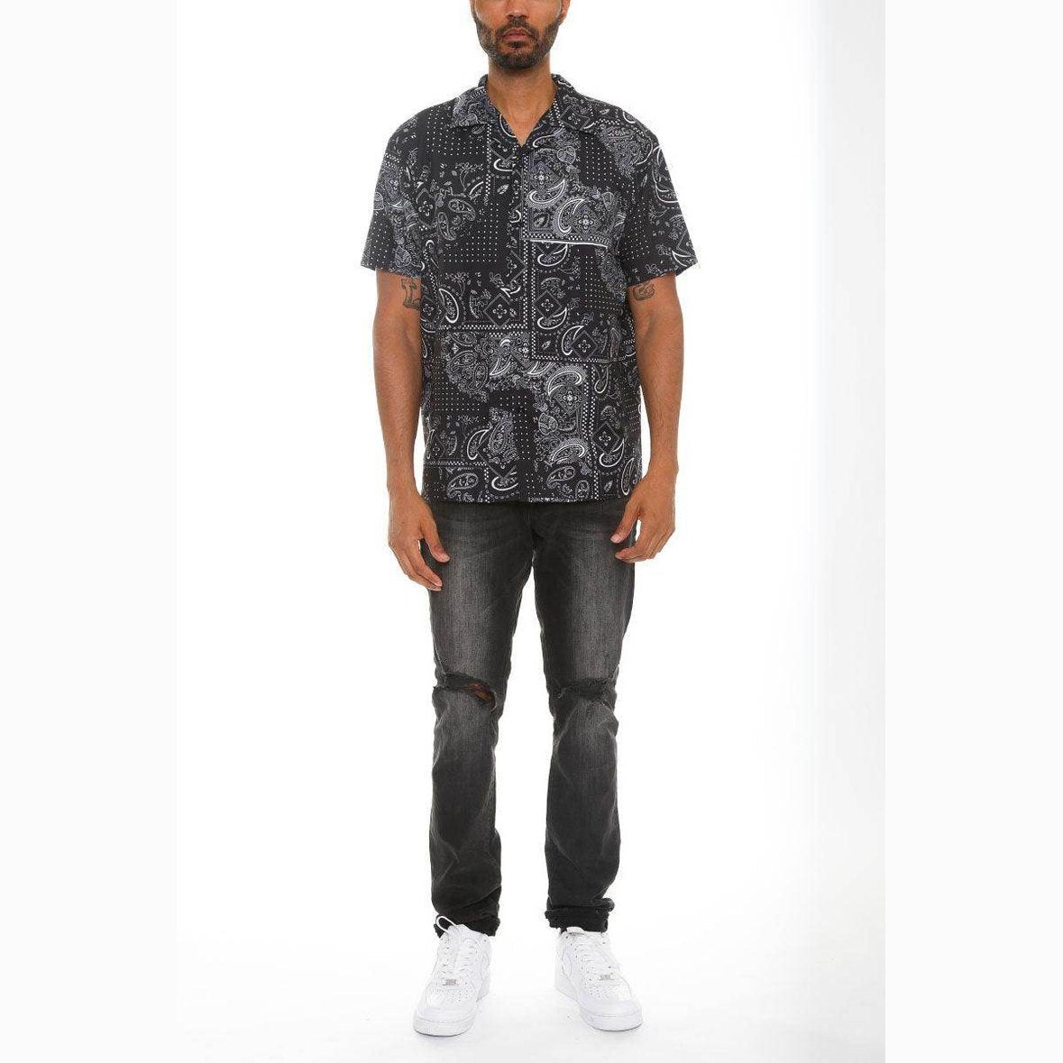 Men's black paisley button down shirt from VacationGrabs with short sleeves and unique pattern