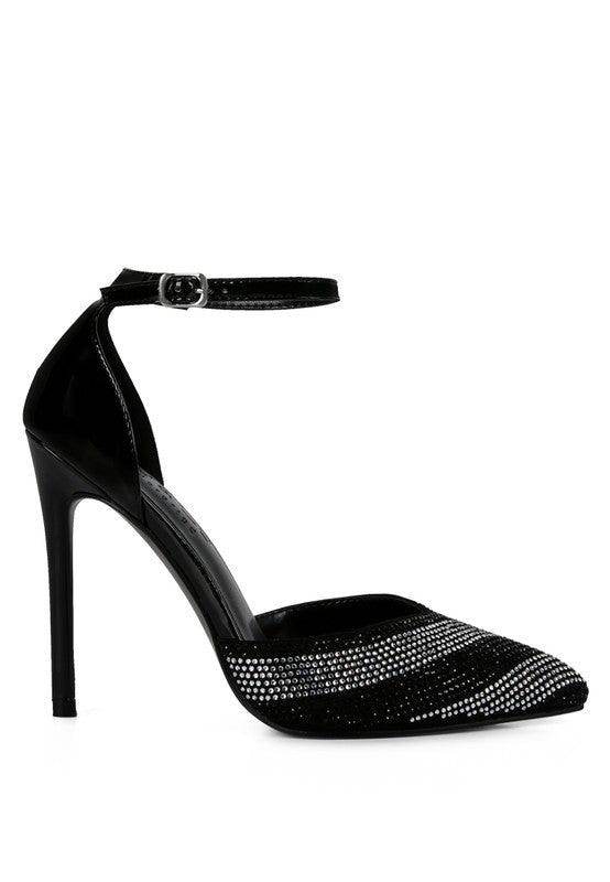 Rag Company black patent evening sandals with a sleek design and ankle strap for elegant styling