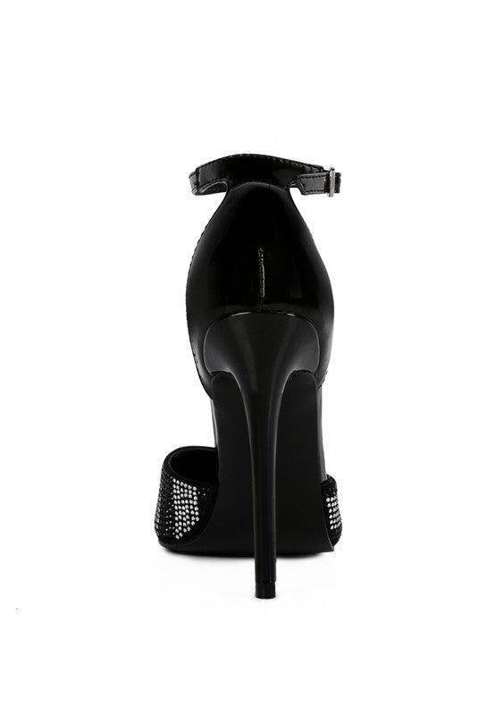 Elegant black patent evening sandals with stylish ankle strap and high stiletto heel