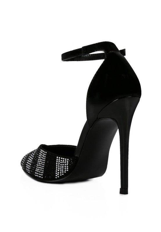 Rag Company black patent evening sandals with a stylish ankle strap and high heel design