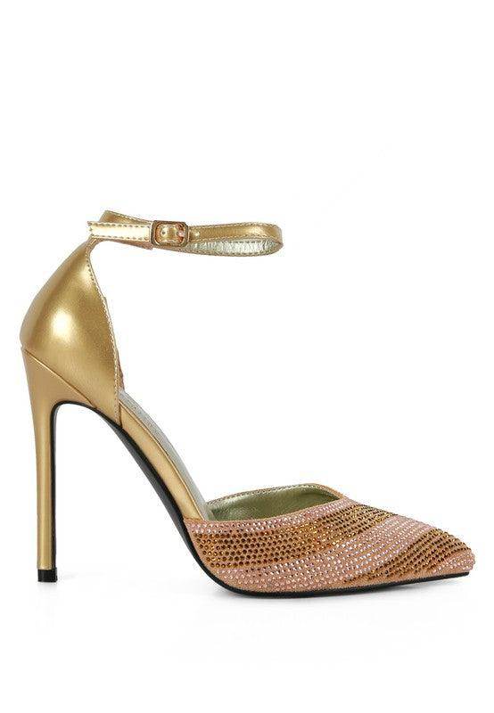 Stylish gold and pink evening heels with ankle strap, perfect for formal occasions.