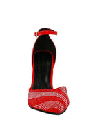Stunning red heels with rhinestone embellishments and ankle strap for evening wear