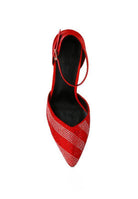 Stylish red pointed-toe heels with rhinestone details and ankle strap for a chic evening look