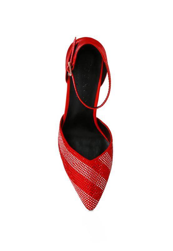 Stylish red pointed-toe heels with rhinestone details and ankle strap for a chic evening look