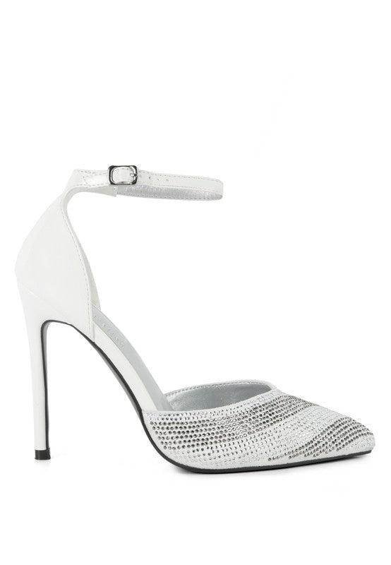 Elegant black patent evening sandals with an ankle strap and high stiletto heels