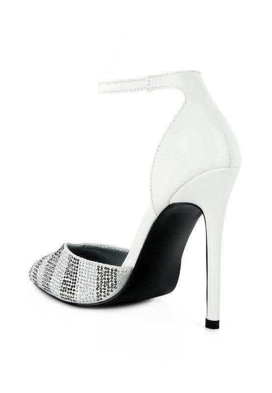 Elegant black patent evening sandals with a high heel and stylish embellishments for formal occasions
