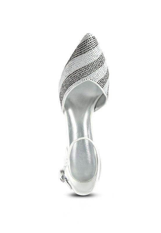 Elegant silver heeled sandals with sparkling rhinestone detail for evening events