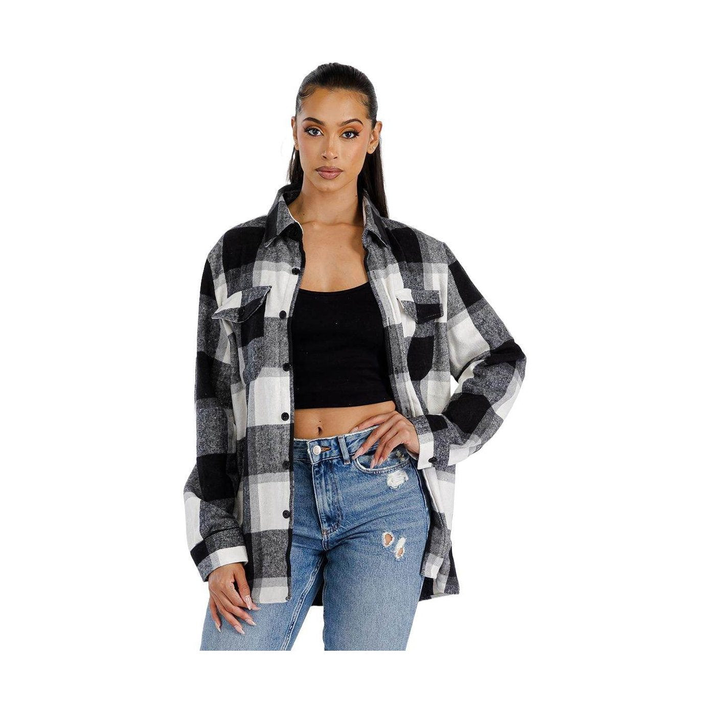 WEIV Women's Black Plaid Boyfriend Flannel Shacket for a Stylish Layered Look