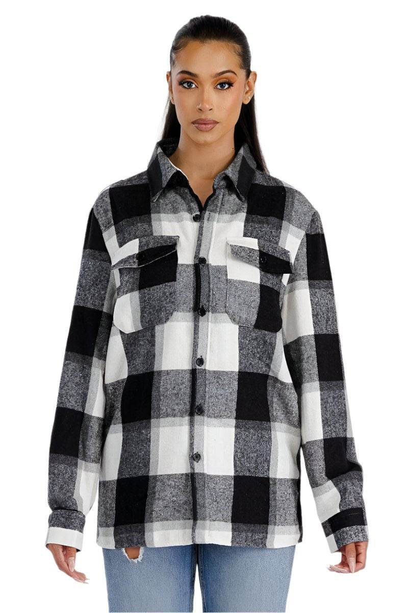 WEIV Women's Black Plaid Boyfriend Flannel Shacket with Classic Button Closure and Front Pockets