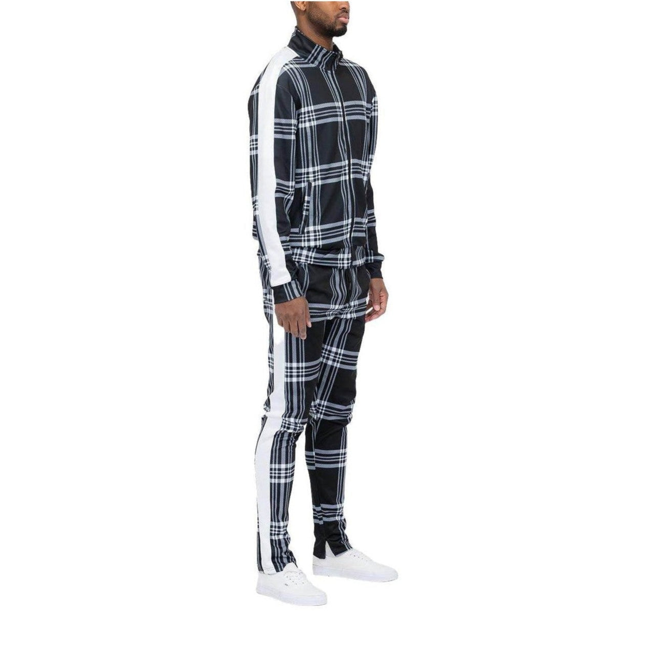 Black Plaid Track Jacket and Pant Set - VacationGrabs