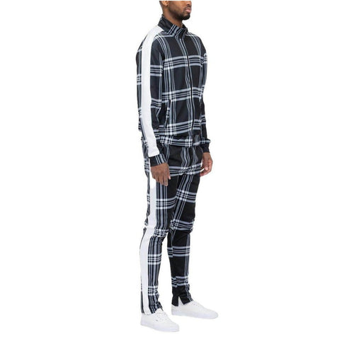 Black Plaid Track Jacket and Pant Set - VacationGrabs