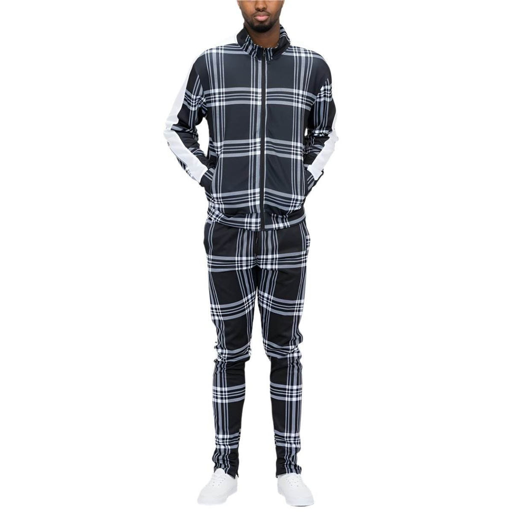 Black Plaid Track Jacket and Pant Set - VacationGrabs
