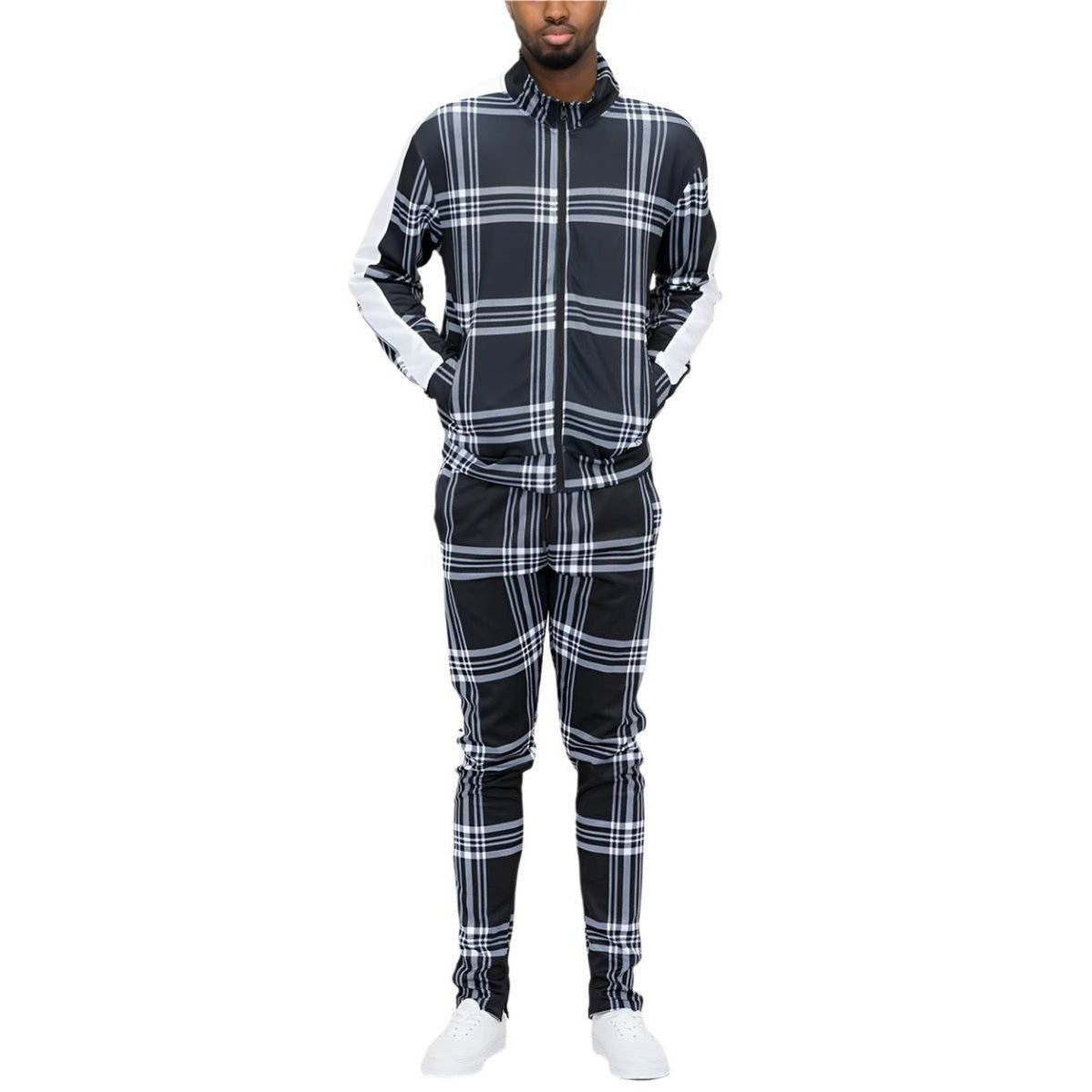 Black Plaid Track Jacket and Pant Set - VacationGrabs