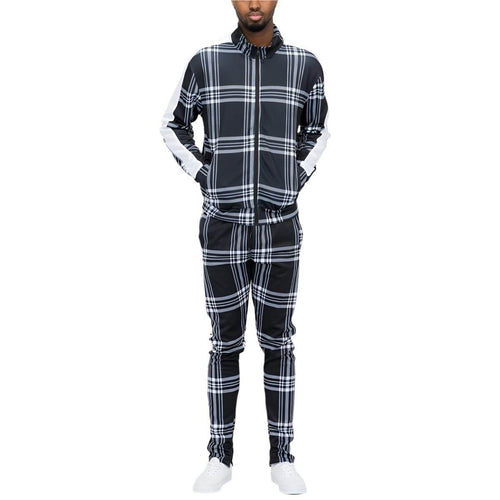 Black Plaid Track Jacket and Pant Set - VacationGrabs