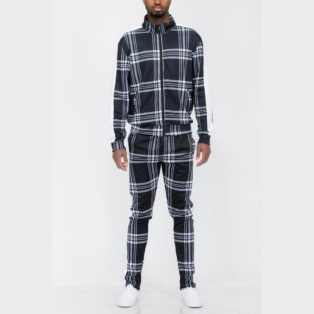 Black Plaid Track Jacket and Pant Set - VacationGrabs