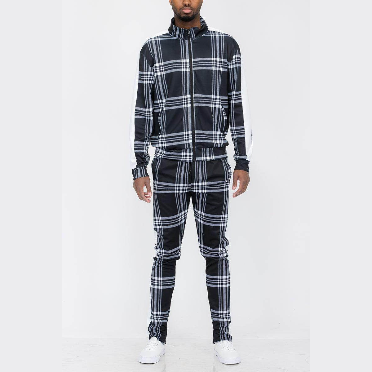 Black Plaid Track Jacket and Pant Set - VacationGrabs