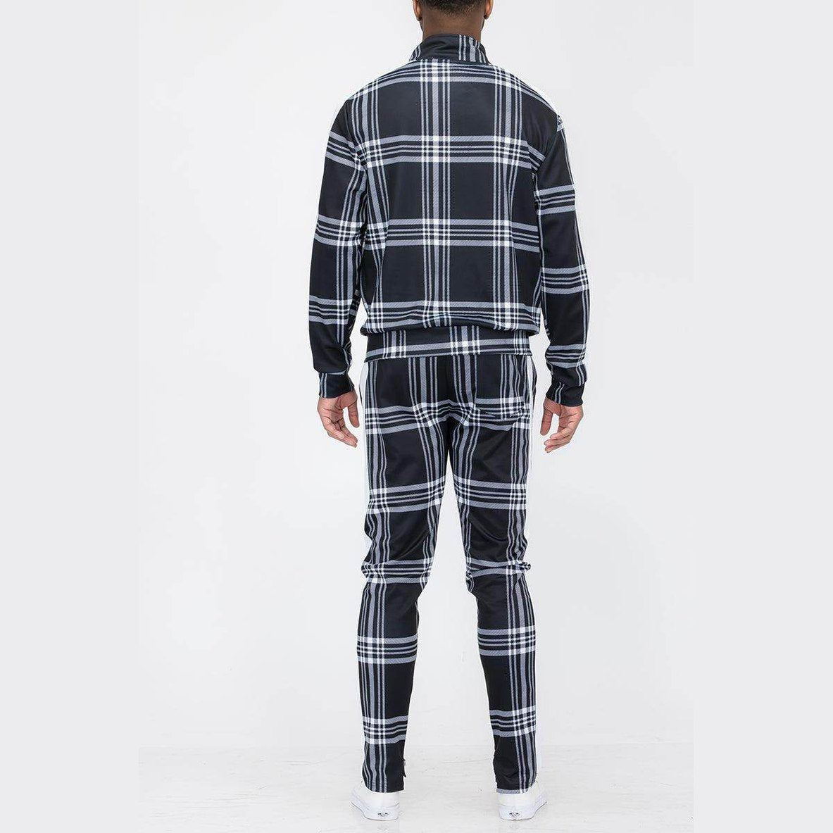 Black Plaid Track Jacket and Pant Set - VacationGrabs