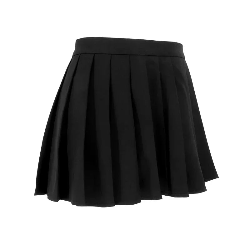 VacationGrabs black pleated mini skirt with wide waistband and flared design