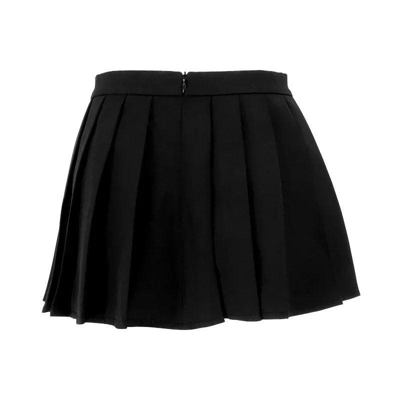 Black pleated mini skirt with high waist and zipper closure in back from VacationGrabs