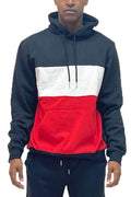 Men's black red pullover hoodie with a color block design and front pouch pocket