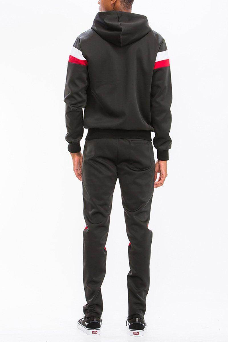 Men's 2PC Track Set featuring a black red track suit for men with a comfortable hoodie and tapered pants