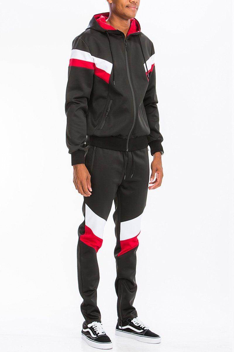 Black red track suit for men featuring a zip-up hoodie and matching joggers with stylish color accents