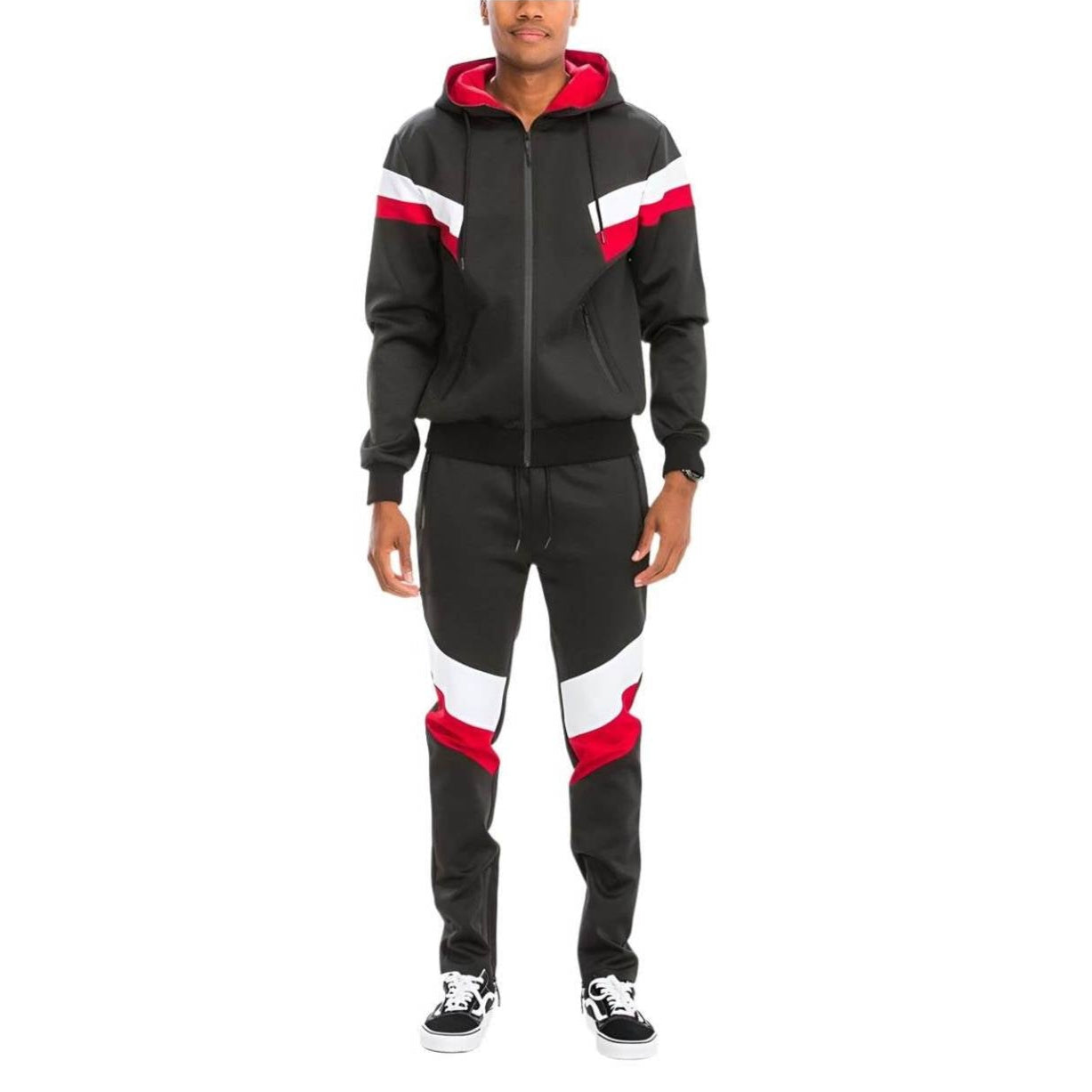 Men's 2PC black red track suit for men featuring a zip-up hoodie and comfortable joggers