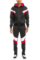 Men's 2PC black red track suit for men featuring a zip-up hoodie and comfortable joggers
